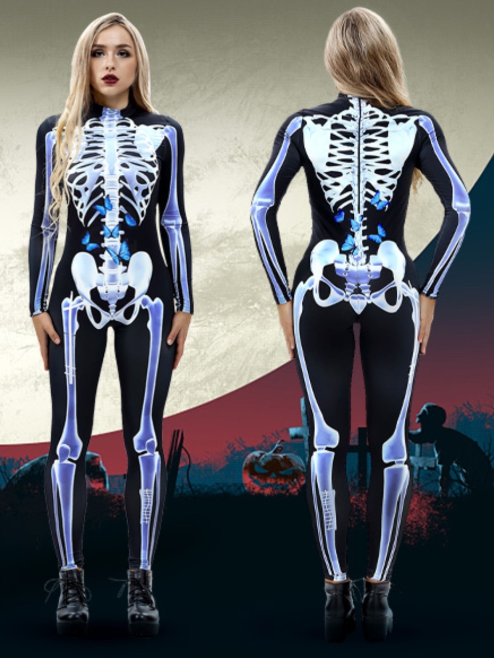 Women's Black & Blue 3D Skeleton w/ Butterflies Jumpsuit Costume Size: Medium
